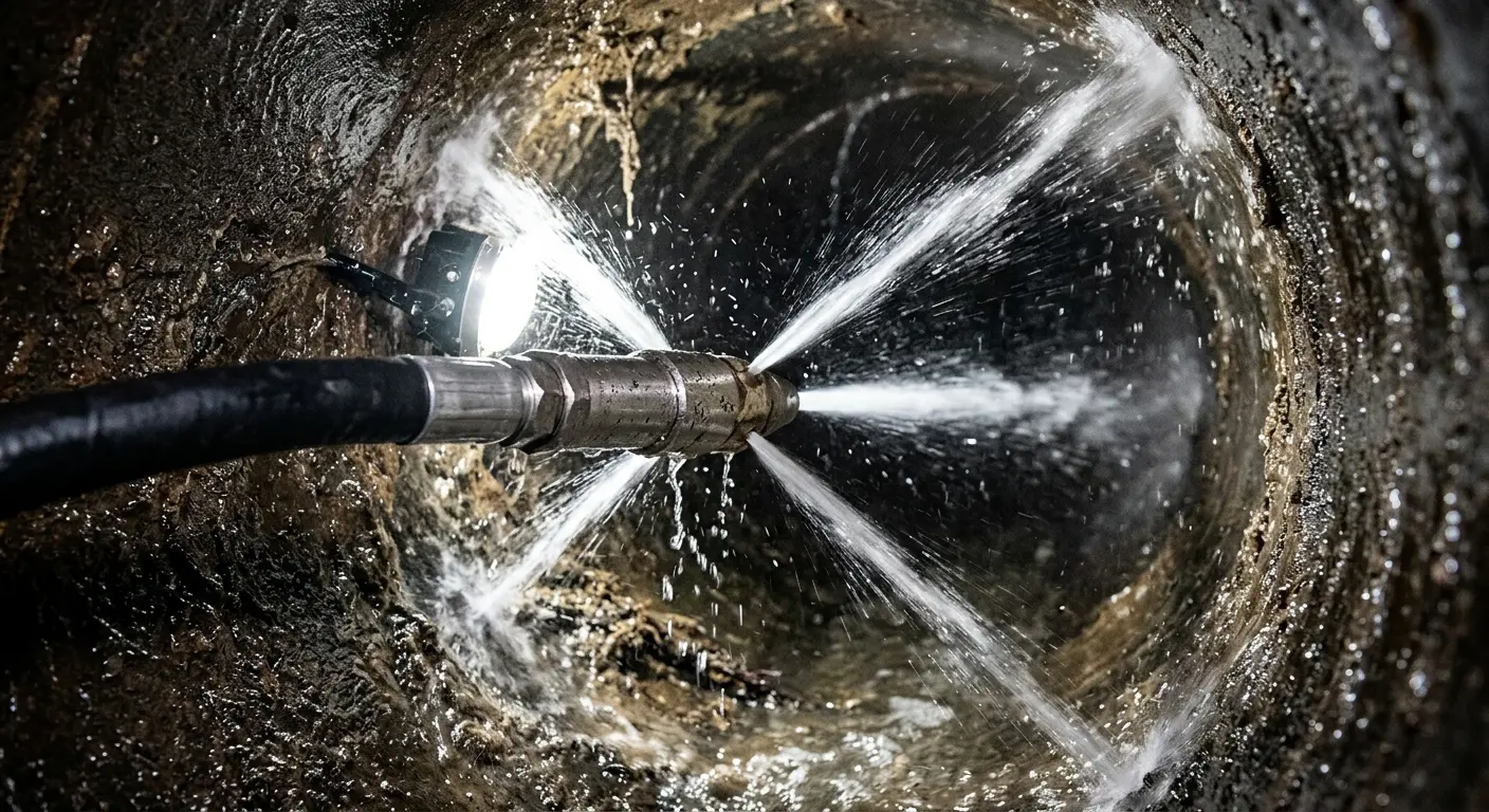 High-pressure hydro jetting nozzle cleaning sewer pipe for Trenchless Sewer Repair in Dudley