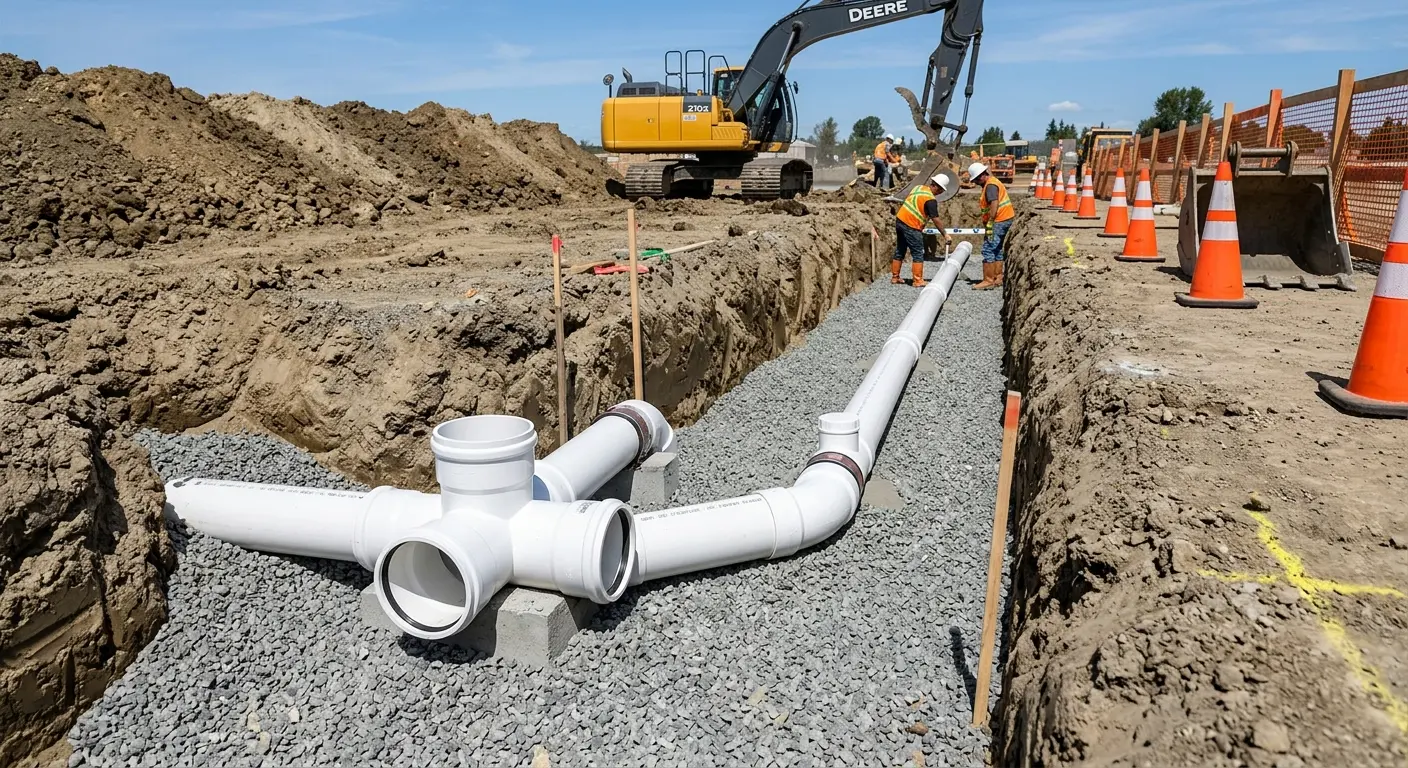 New PVC sewer pipe installation in open trench for Sewer Backup in Dudley