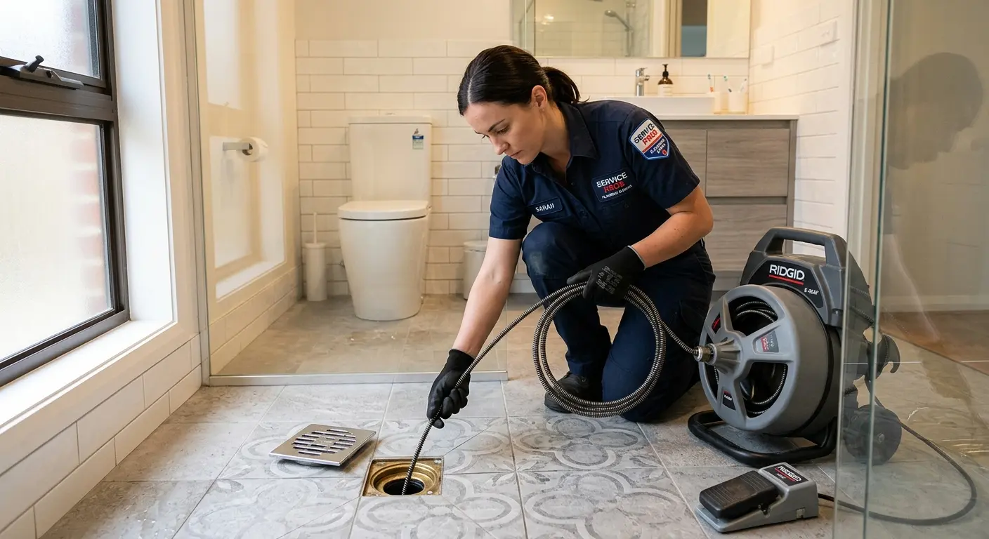 Technician clearing a bathroom floor drain for Sewer Line Installation in Dudley